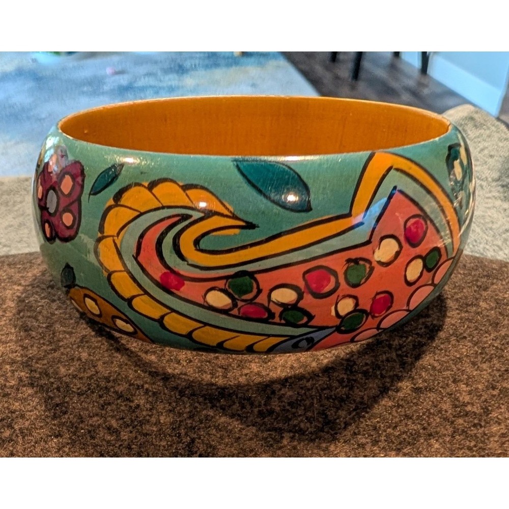 Vintage Hand Painted Wooden Bangle Bracelet Teal Paisley Floral Boho Chunky Wide